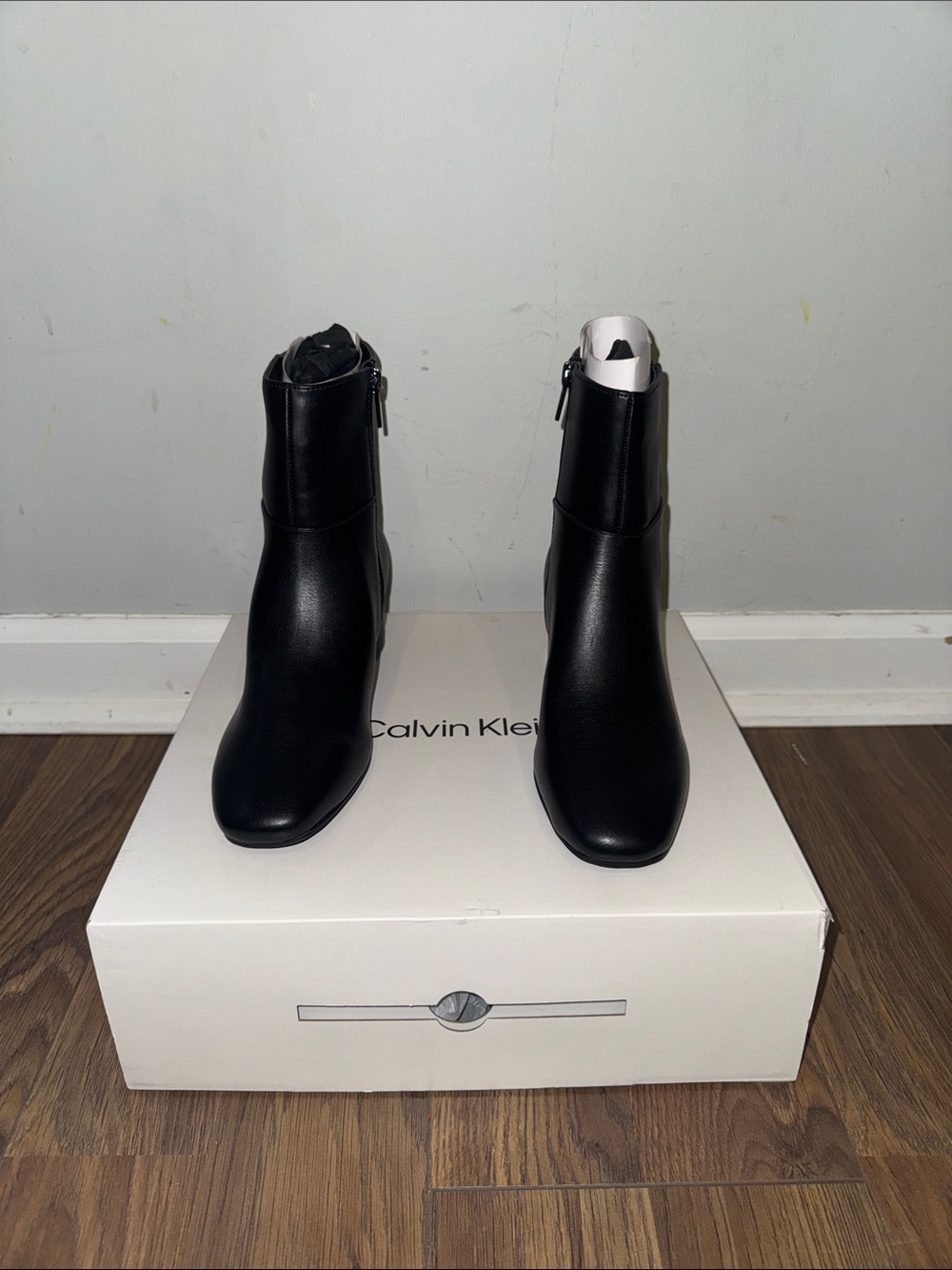 Calvin Klein Black Leather Square-Toe Ankle Booties
